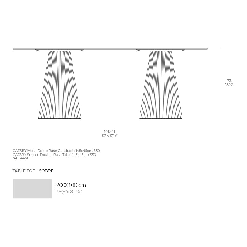 54470 Gatsby table dimensions diagram 73 cm in height and 145 x 45 cm table base | 54470 dimensions
