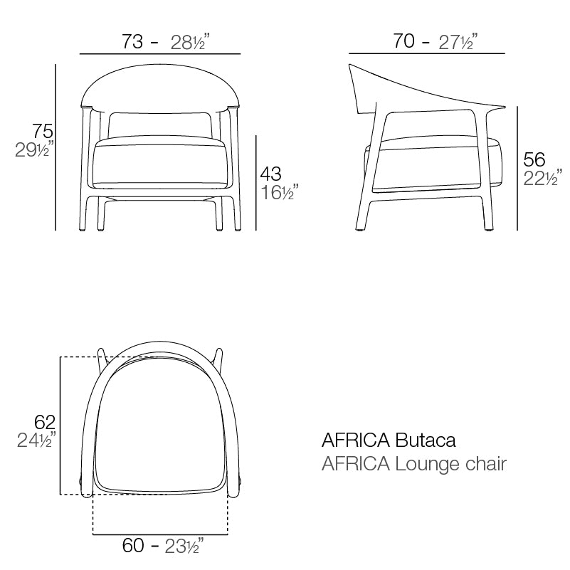 Africa lounge chair dimensions diagram 73 cm in width and 75 cm in height| Chair dimensions