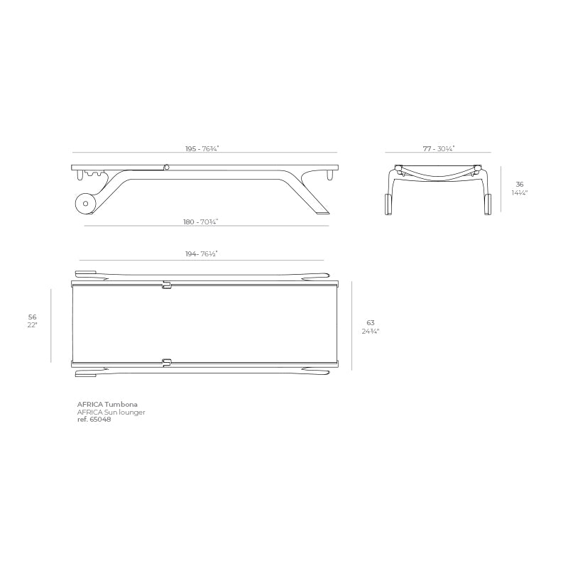 Africa sun lounger dimensions diagram 195 cm in length and 36 cm in height | Lounger dimensions