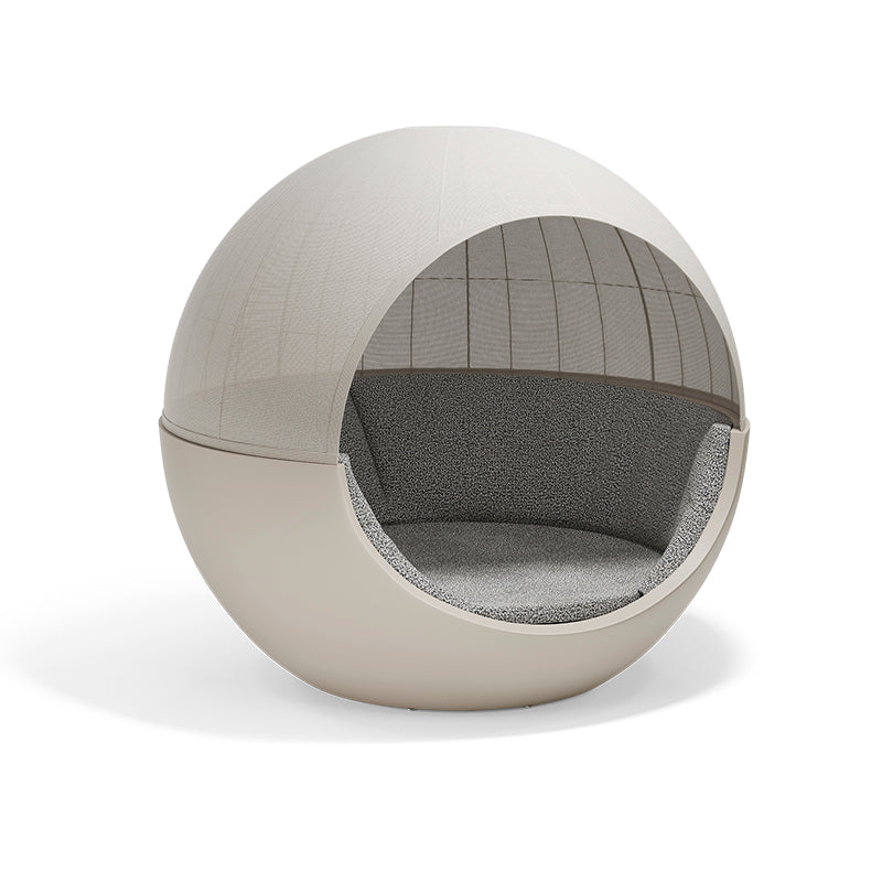 Ecru Moon daybed with fabric roof by Ramón Esteve for Vondom, luxury outdoor half-moon lounger in reclaimed elegance made from Mediterranean recycled plastic – Modern Coastal Living.| Ecru