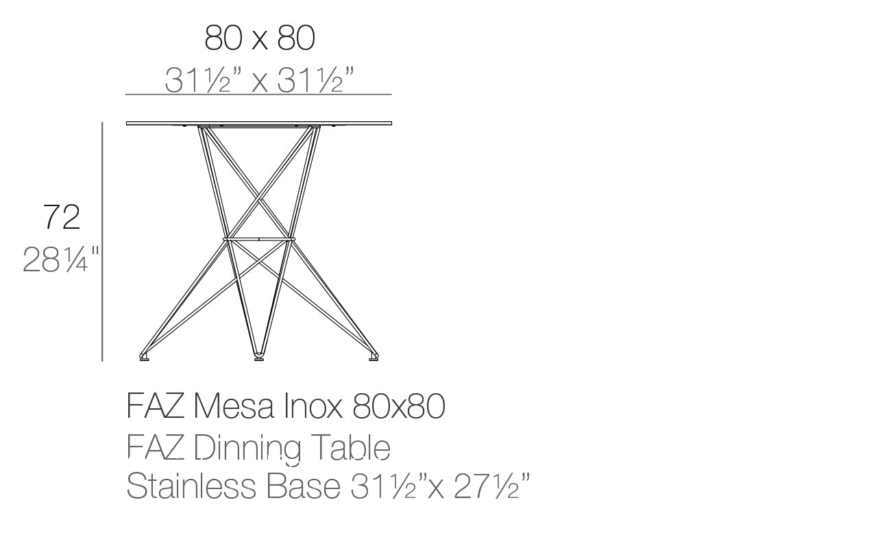 Faz small steel table dimensions 72 cm height and 80x80cm | Table dimensions