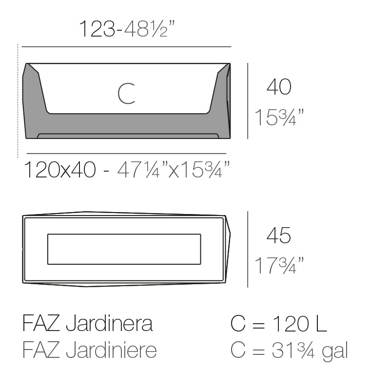 Faz Jardiniere planter by Vondom, dimensions 123 cm width 40cm height and 45 deep | Planter dimensions