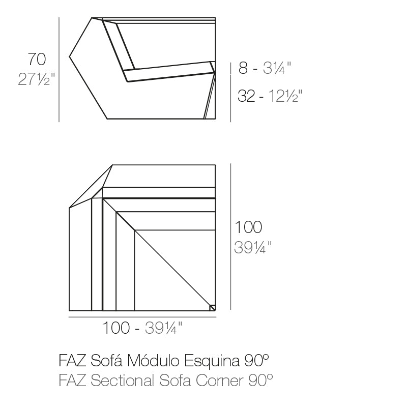 Faz Sofa Corner 90° by Vondom sofa dimensions 70 cm height and 100 cm width | Sofa dimensions