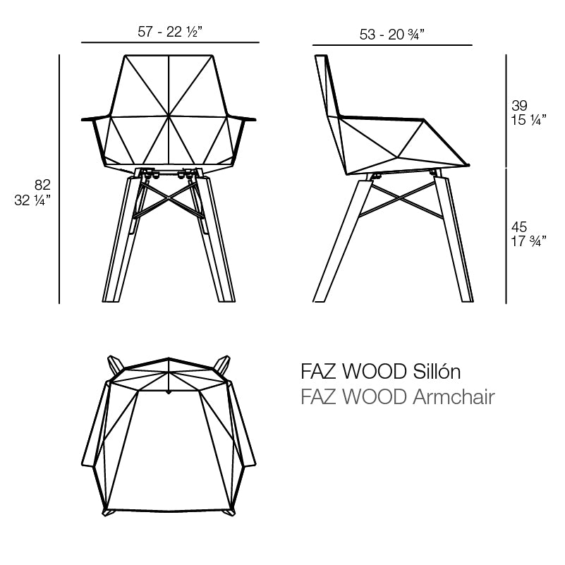 Faz armchair wood legs dimensions 82 cm height and 57cm width | Chair dimensions