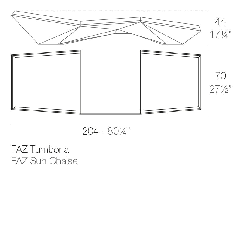 Faz chaise lounge dimension diagram 204 cm length 44cm height and 70 cm deep| Chaise longue dimensions