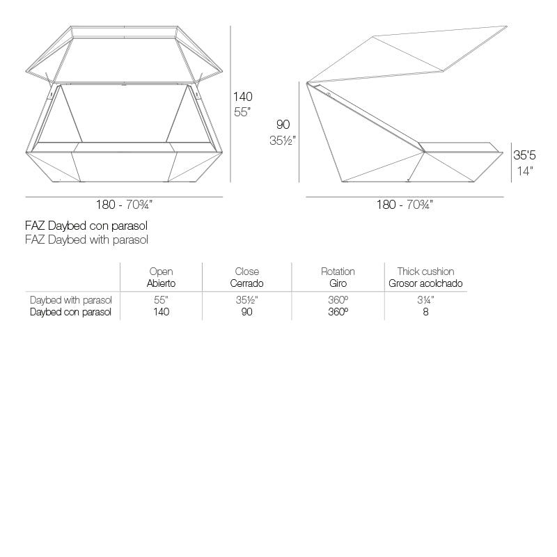 Faz daybed with hinged canopy and 360 swivel by Vondom, Daybed dimensions diagram 140cm height 180cm width .| Daybed dimensions