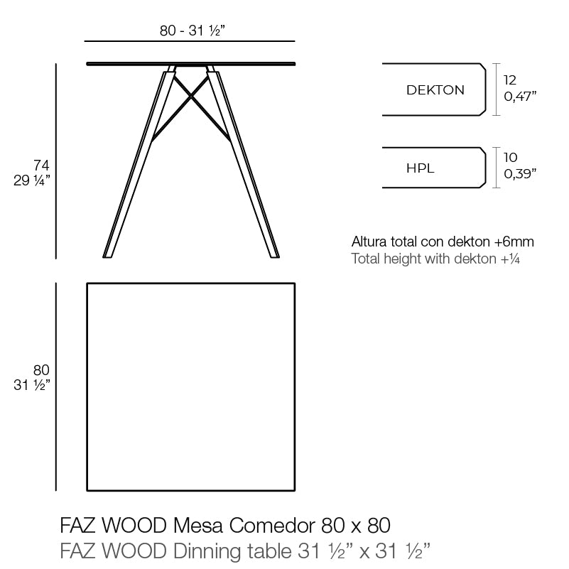 Faz Large dining table wooden legs table dimensions 74 cm height and 80 cm width | Table dimensions