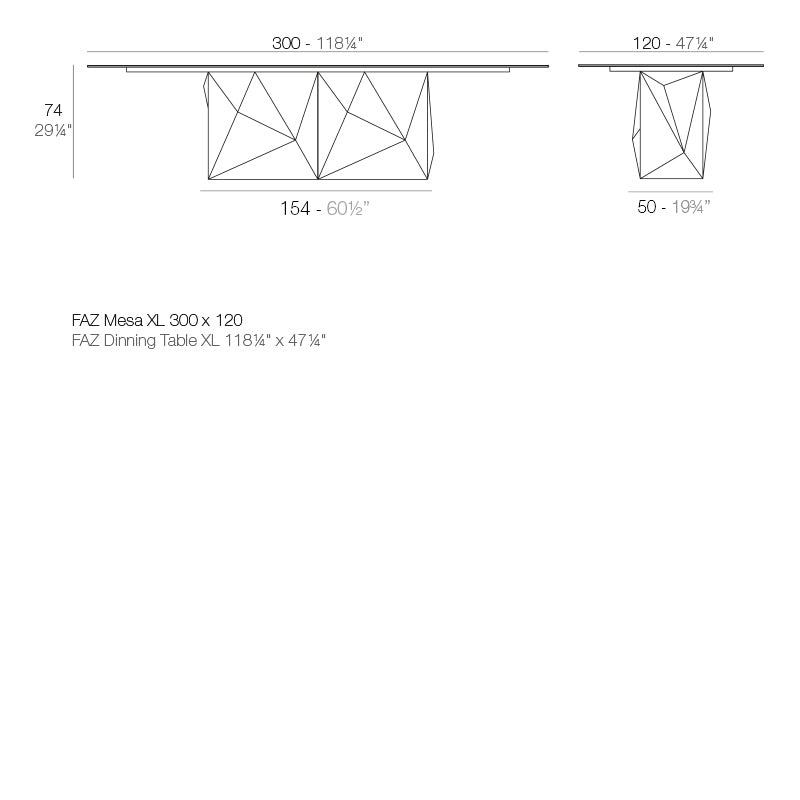 Faz dining table dimensions diagram 74 cm height and 300 x 120 cm length | Table dimensions