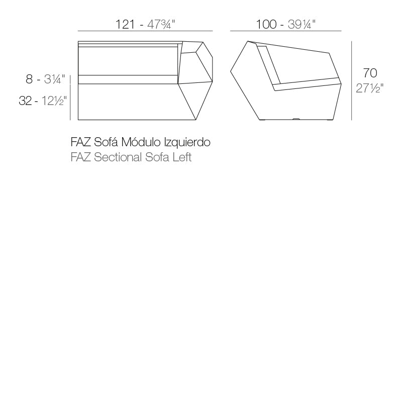 Faz sofa left section dimensions diagram 70 cm height 121 cm length| Sofa dimensions