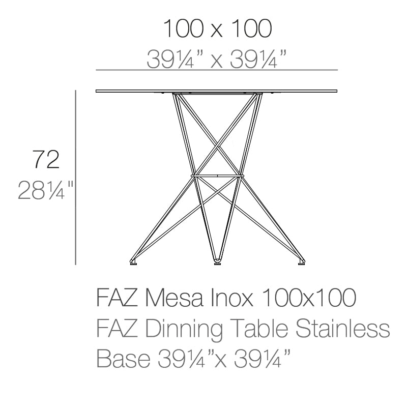 Faz steel medium dining table dimension diagram 72 cm height and 100x100 cm length.| Table dimensions