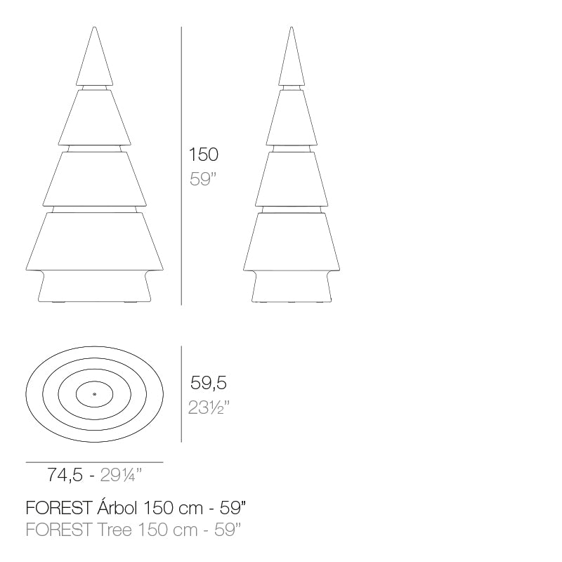 Medium Forest lamp by Vondom, dimensions 150cm height 74.5 cm width and 59.9 cm deep–.| Medium tree dimensions