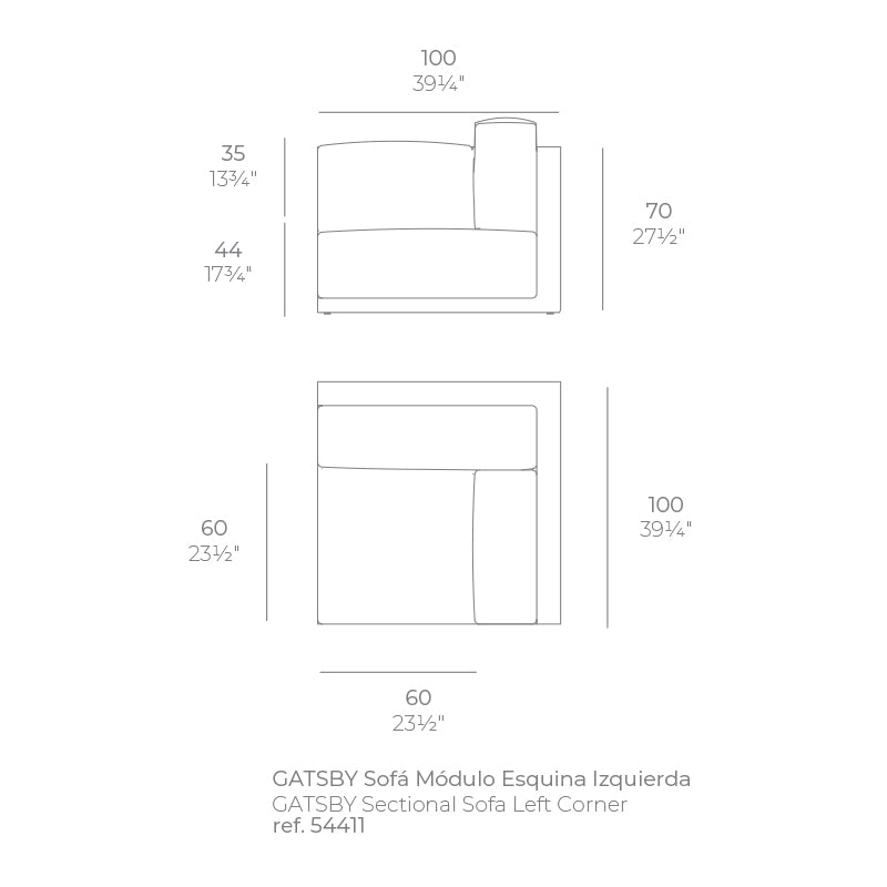 Gatsby left corner section dimensions diagram 100 cm in length and 70 cm in height | Sofa dimensions
