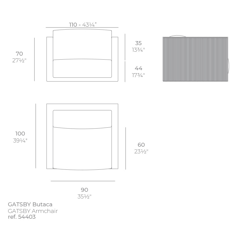 Gatsby lounge chair dimensions diagram 110 cm in width and 70 cm in height| Chair dimensions