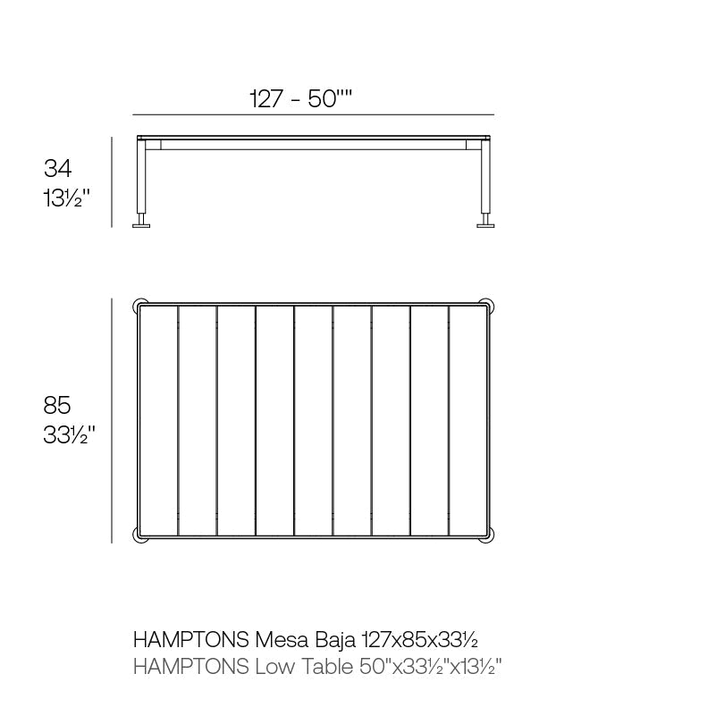 Hamptons low large table dimensions 127 cm in length and 85 cm height | Table dimensions