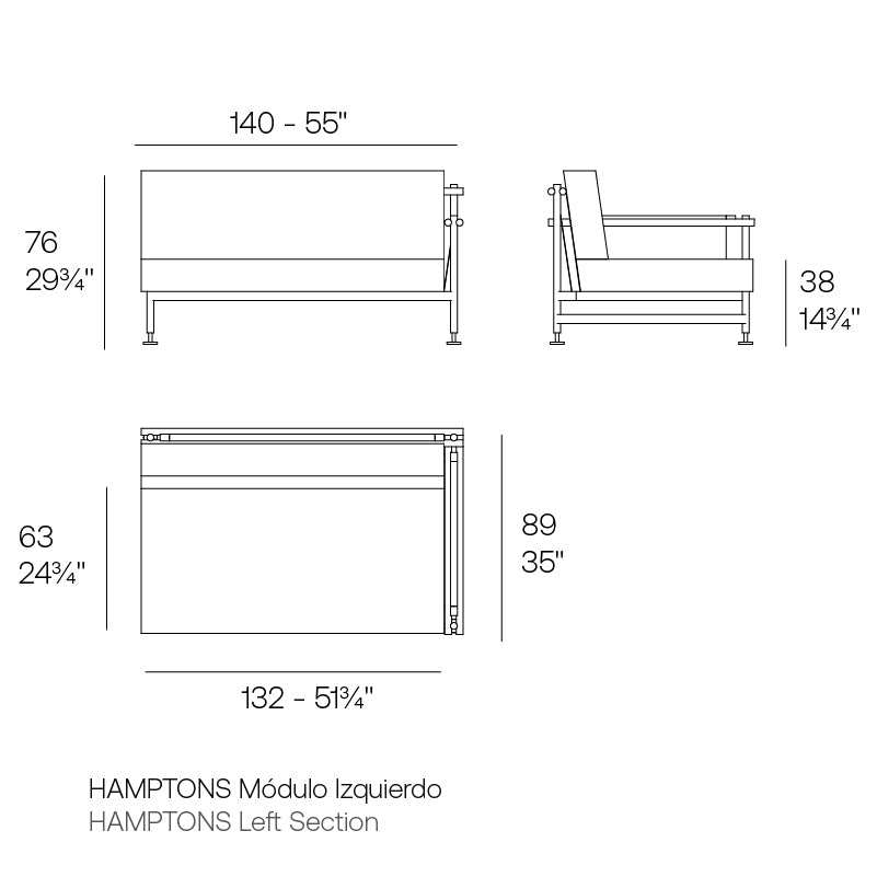 Hamptons left sofa section dimensions 140 cm in length and 76 cm in height | Sofa dimensions