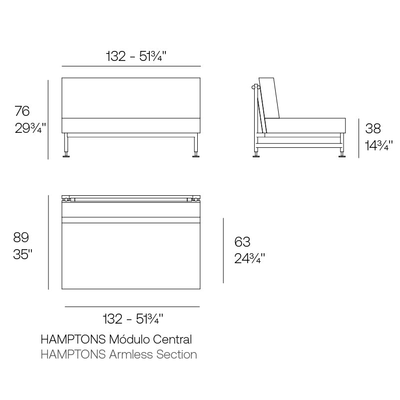 Hamptons sectional sofa armless section dimensions 132 cm length and 76 cm in height| Sofa dimensions