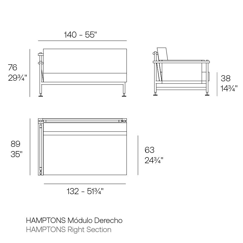 Hamptons sectional sofa right armrest dimensions 140 cm in length and 76 cm in height | Sofa dimensions