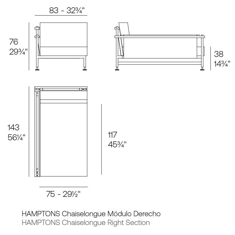 Hamptons sectional sofa right section dimensions 143 cm in length and 76 cm in height | Sofa dimensions
