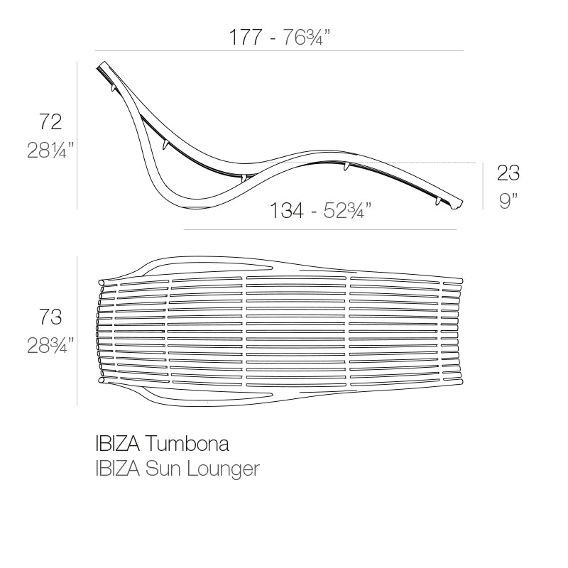 Ibiza Sun lounger by vondom dimensions diagram 177 cm in length and 72 cm in height | Sun Lounger dimensions