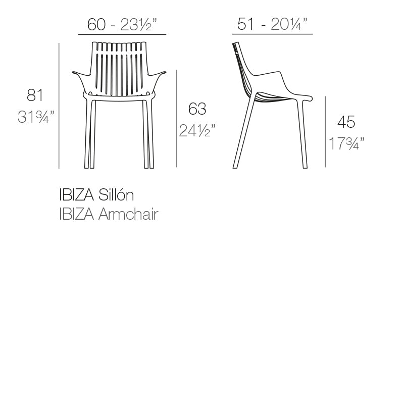 Ibiza armchair by vondom dimensions diagram 60cm width and 81 cm in height | Chair dimensions
