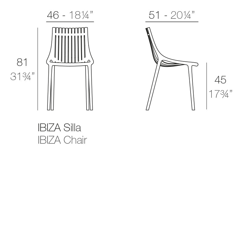 Ibiza chair for Vondom dimensions diagram 51 cm in length and 81 cm in height | Chair dimensions
