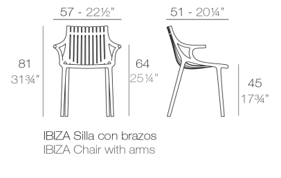 Ibiza chair with arms dimensions diagram 57 cm in length and 81 cm in height | Chair dimensions