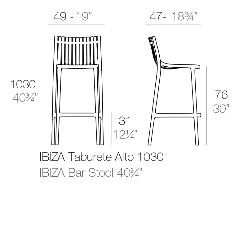 Ibiza large bar stool dimension diagram 49cm width and 1030 cm in height | Large stool dimensions