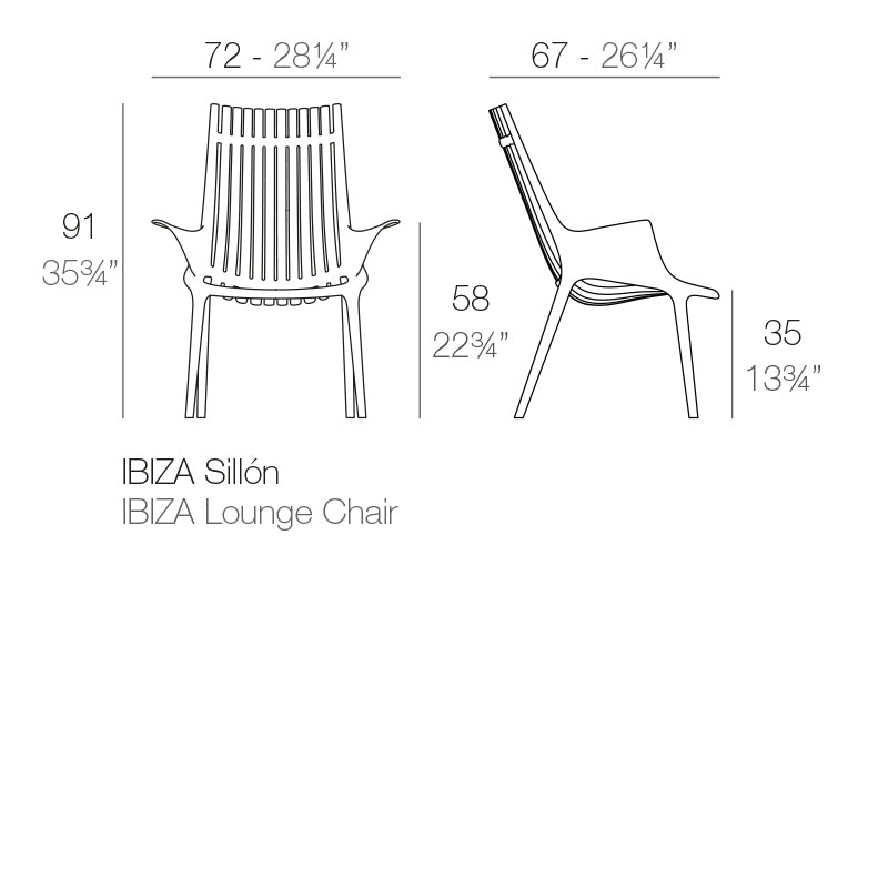 Ibiza lounge chair by vondom dimensions diagram 72 cm in length and 91 cm in height | Chair dimensions