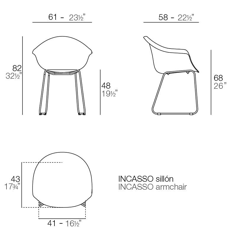 Incasso Armchair by Vondom dimensions diagram 61 cm in length and 82 cm in height| Chair dimensions