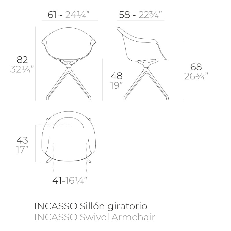 Incasso Swivel Armchair by Vondom dimensions diagram 82 cm in height and 61 cm in width | Chair dimensions