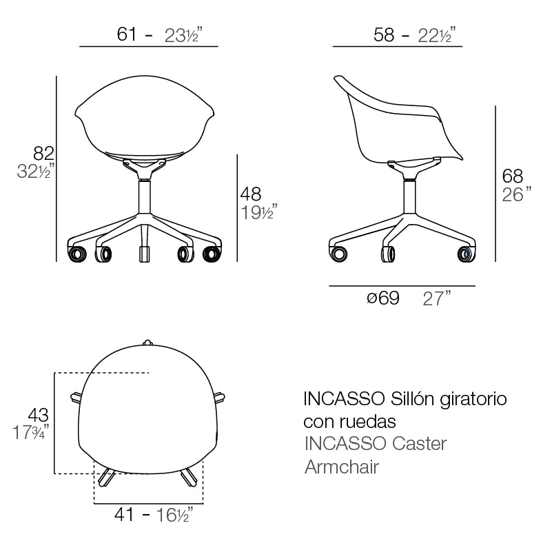 Incasso swivel armchair with casters dimensions 61 cm in length and 82 cm in height| Chair dimensions