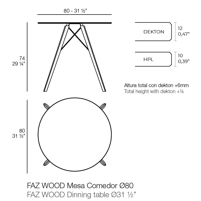 Faz large wood round dining table dining dimensions 74cm height Ø80 cm.| Table dimensions