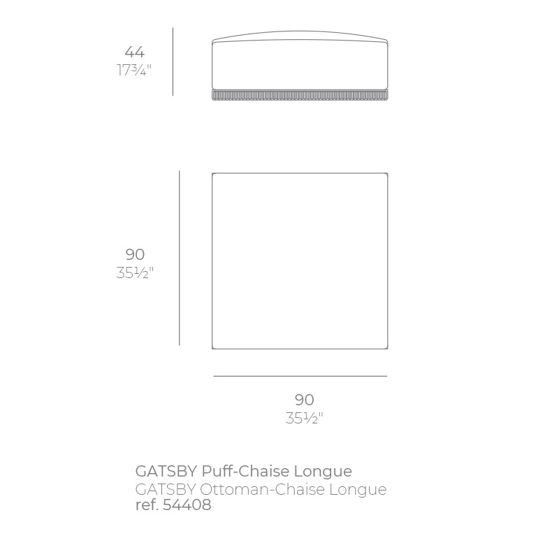 Milos Gatsby puff dimensions diagram 90 x 90 cm and 44 cm in height| Puff dimensions
