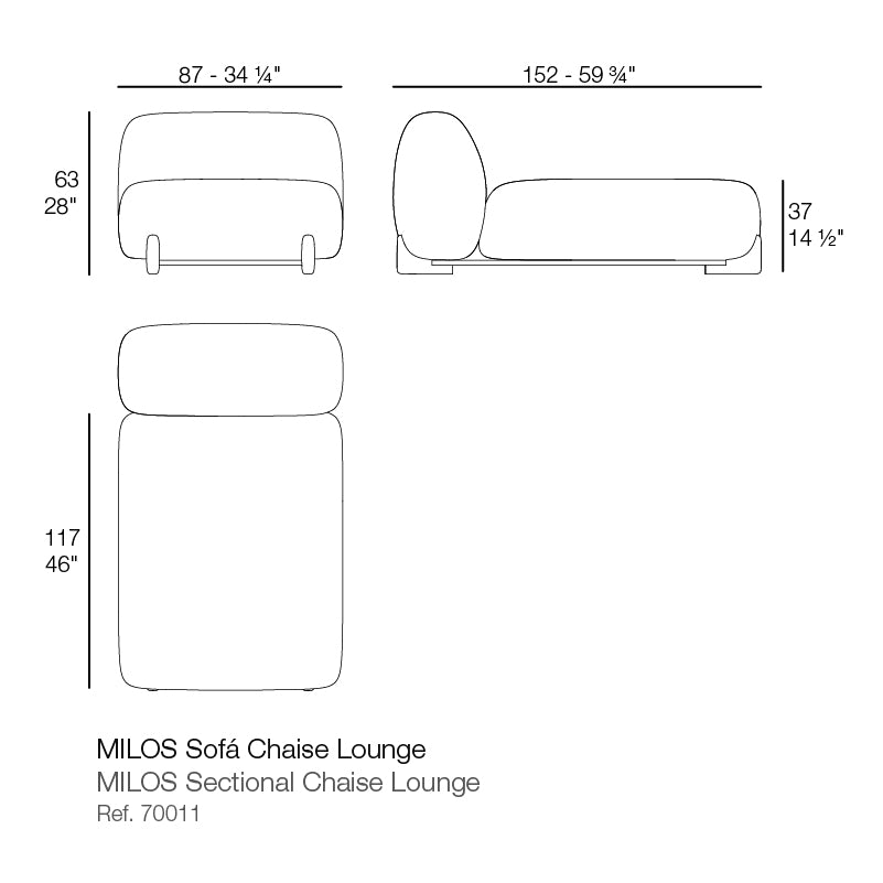 Eco-luxury modular seating Milos Sectional Chaise Lounge Armless dimensions diagram| Sofa dimensions