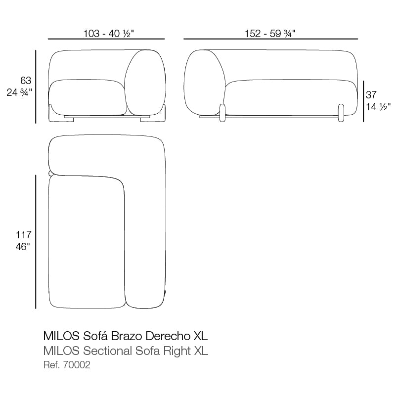 Milos Sectional Sofa Right Arm XL dimensions diagram 152 cm in length 117 cm in depth 63 cm in height | Sofa dimensions