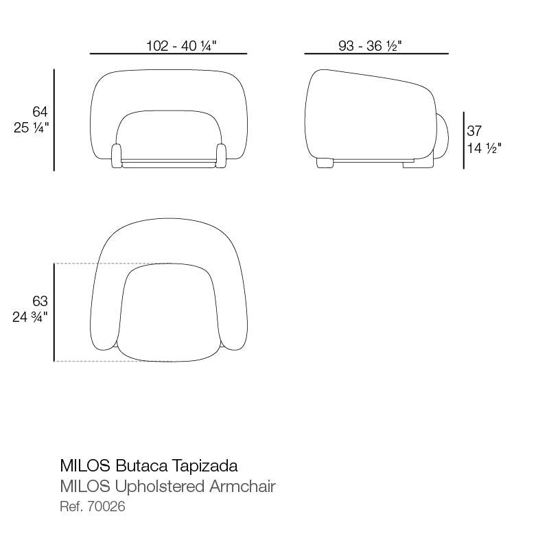 Dimensions diagram 102cm length, 64 cm in height and 93 cm width for Milos Upholstered Lounge Chair eco luxury seating | Chair dimensions