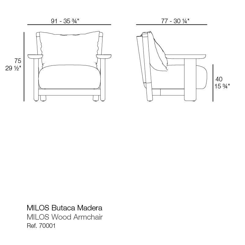Milos Wood Lounge Chair dimensions diagram 91 cm in width 75 cm in height and 77 in width| Chair dimensions