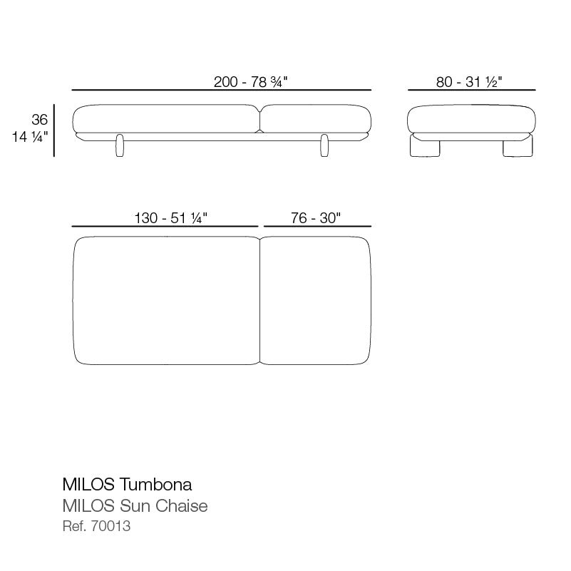 Milos Sun Luxury Lounger dimensions diagram 200 cm in length and 36 cm in height 80 cm width | Sun lounger dimensions