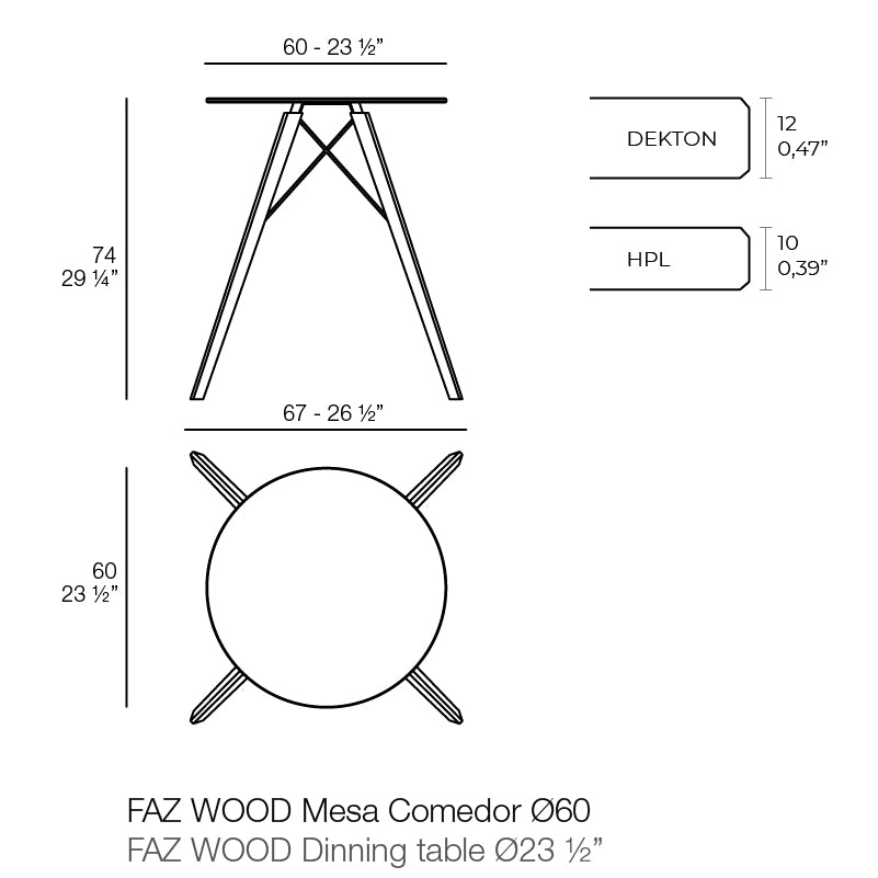 Small faz table wooden legs dimensions 74 cm height Ø60 cm width| Table dimensions