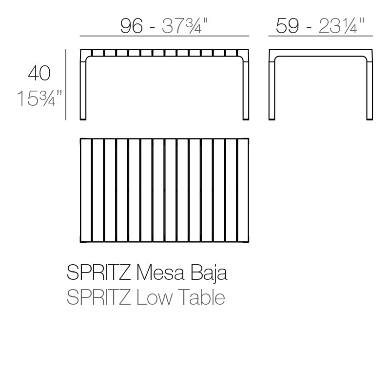 Spritz sofa table by Archirivolto Design for Vondom dimensions diagram 96 cm length and 40 cm in height| Table dimensions