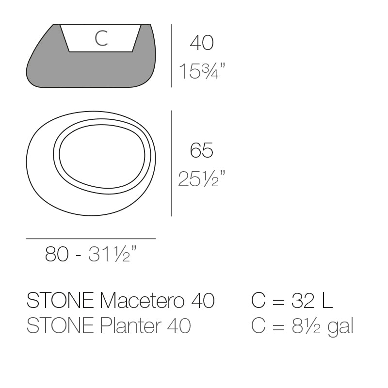 Stone planter 80 dimensions diagram by Vondom, 40 cm height, 80 cm length and 65 cm deep| Planter dimensions