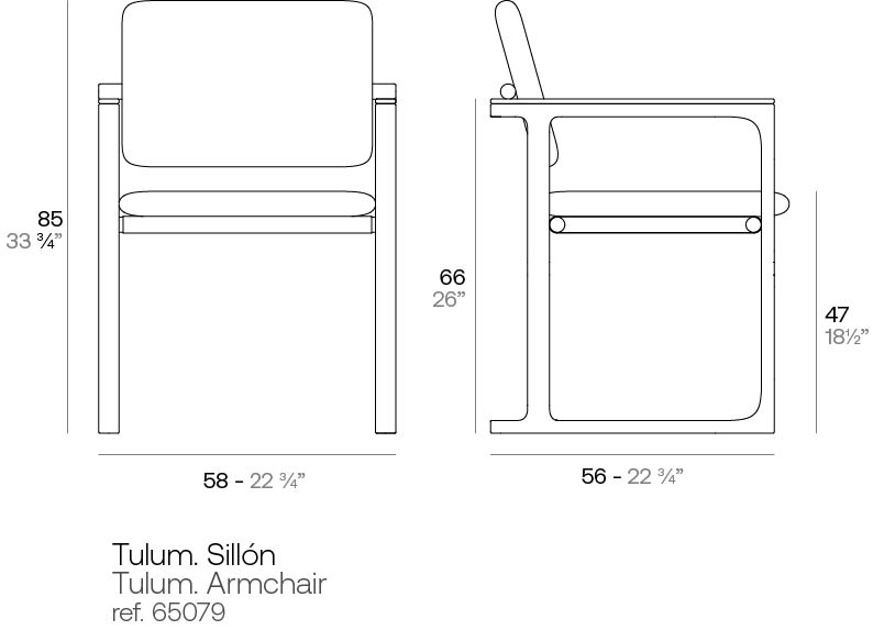 Tulum chair dimensions diagram 85 cm in height and 58 cm in width| Chair dimensions