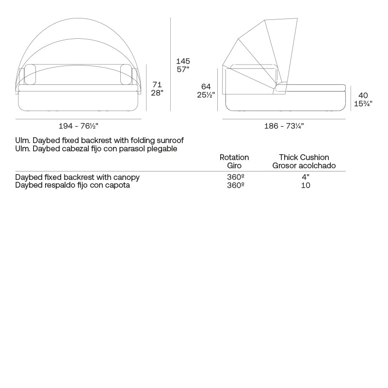 ULM daybed with backrest and folding canopy dimensions diagram 145 cm height and 186 cm length and 194 width | Daybed dimensions