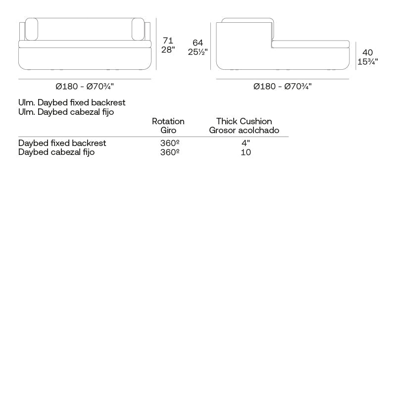 ULM daybed with fixed backrest dimensions diagram 71 cm in height and Ø180 | Daybed dimensions