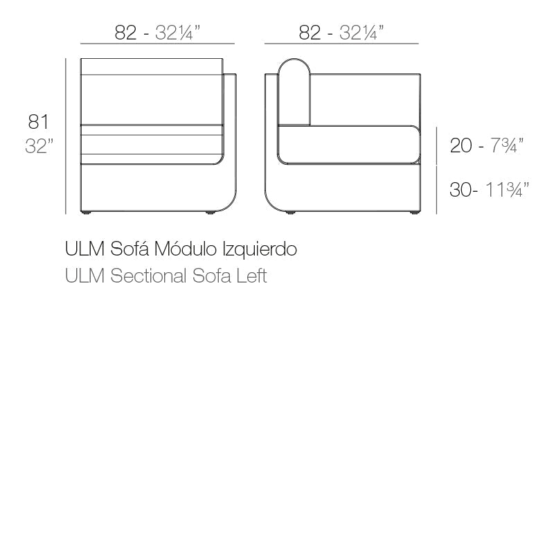 ULM left corner section modular sofa by vondom. Dimensions diagram | Sofa dimensions