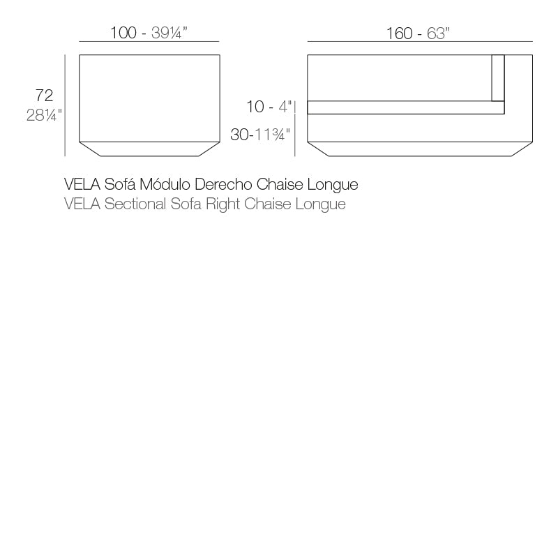 Vela right chaise lounge dimensions diagram 72 cm Height 160 cm length |Sofa dimensions