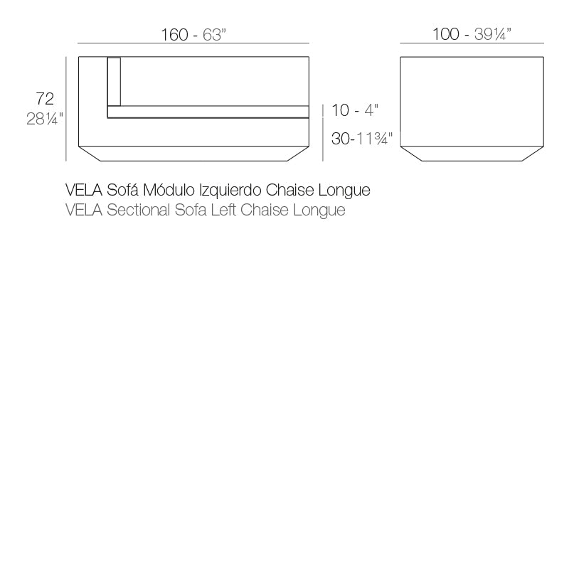 Vela Left chaise lounge sofa dimensions 72 cm height 160 cm length | Sofa dimensions