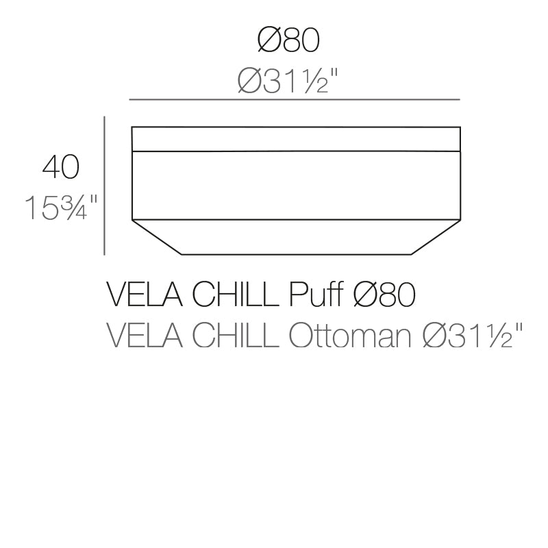 Vela round ottoman dimensions diagram 40 cm height Ø80 cm| Ottoman dimensions