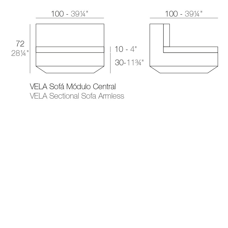 Vela armless sofa dimensions diagram 72 cm height 100 cm length | Sofa dimensions