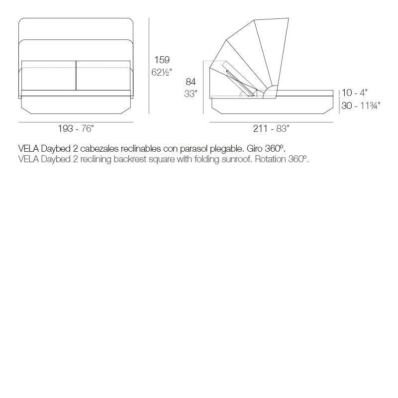 Dimensions diagram for Vela square daybed with 2 reclining backrest and sunroof 159 cms height 211 cm in length and 193 cm deep | Daybed dimensions